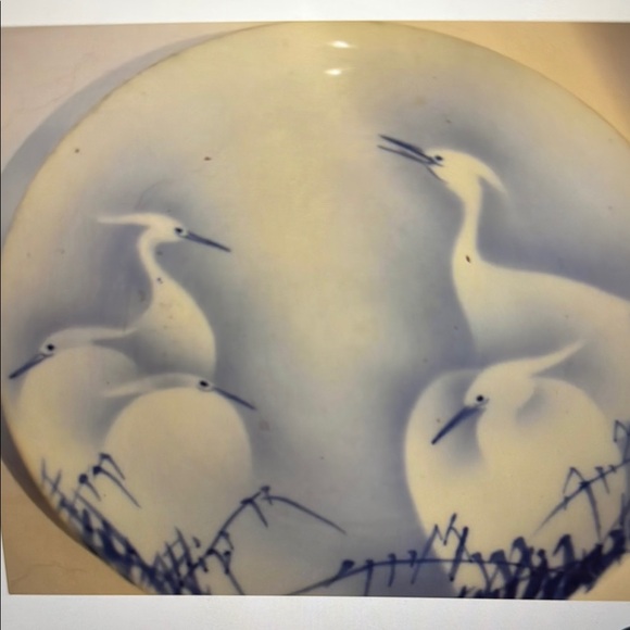 Elegant Oriental Blue and White Heron Art Plate Signed